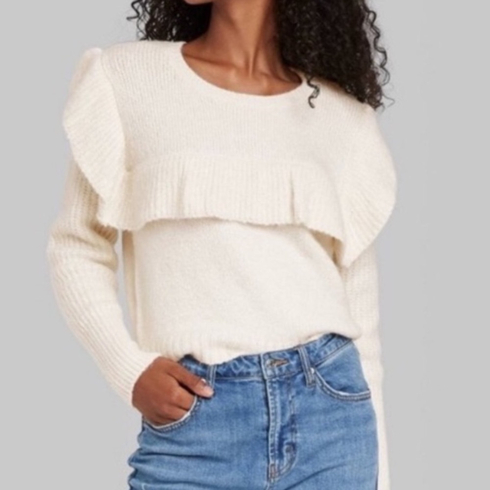 WILD FABLE Ruffle Beige Crop Crew neck Sweater small